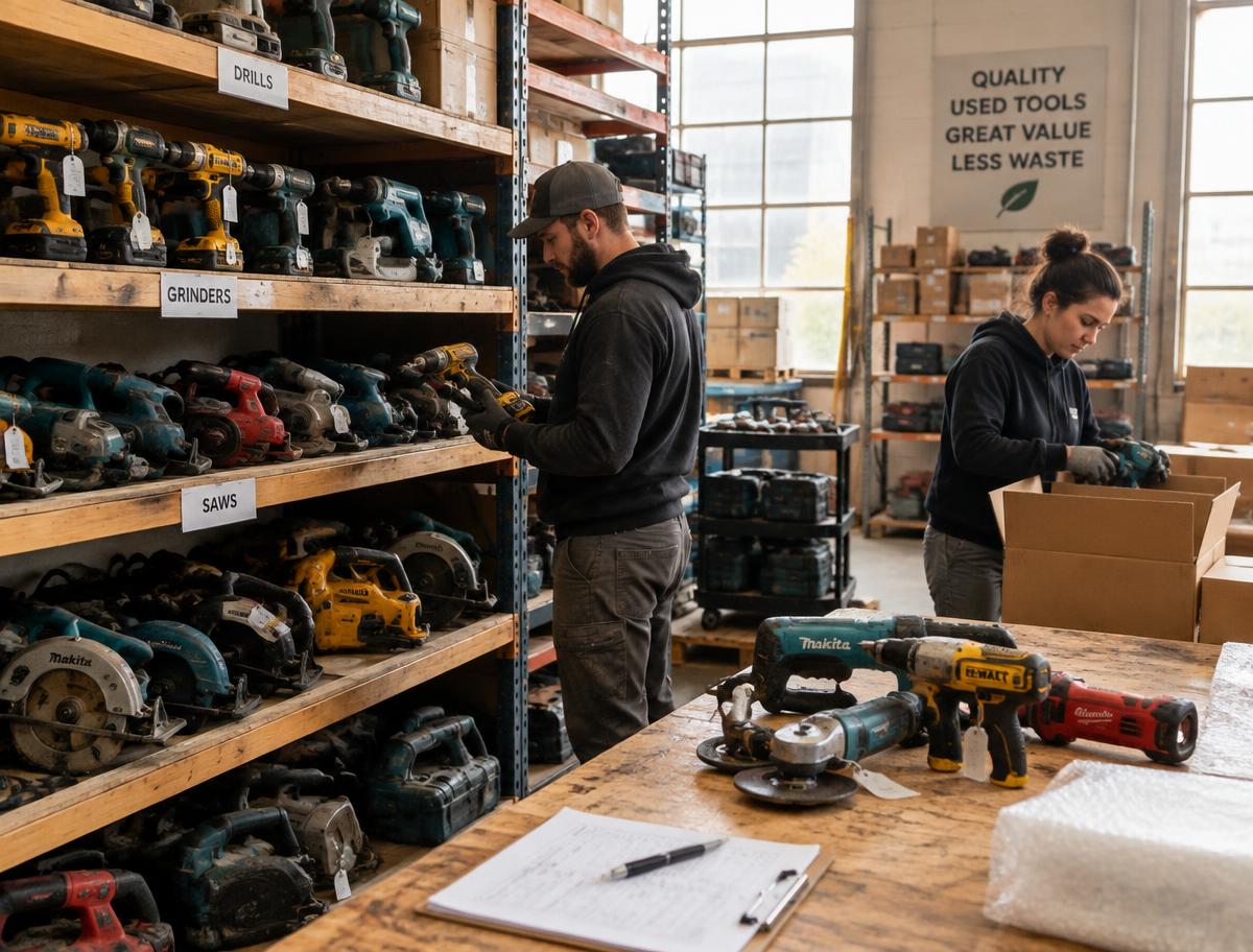 Used power tools being inspected and packed on warehouse shelves